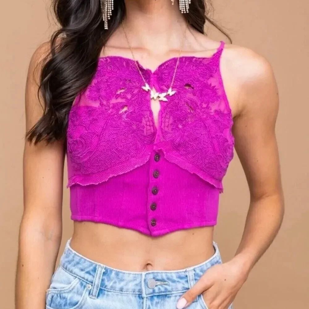 Free People Have My Heart Tank Top XS Raspberry Sorbet Lace Crop Babydoll Cami